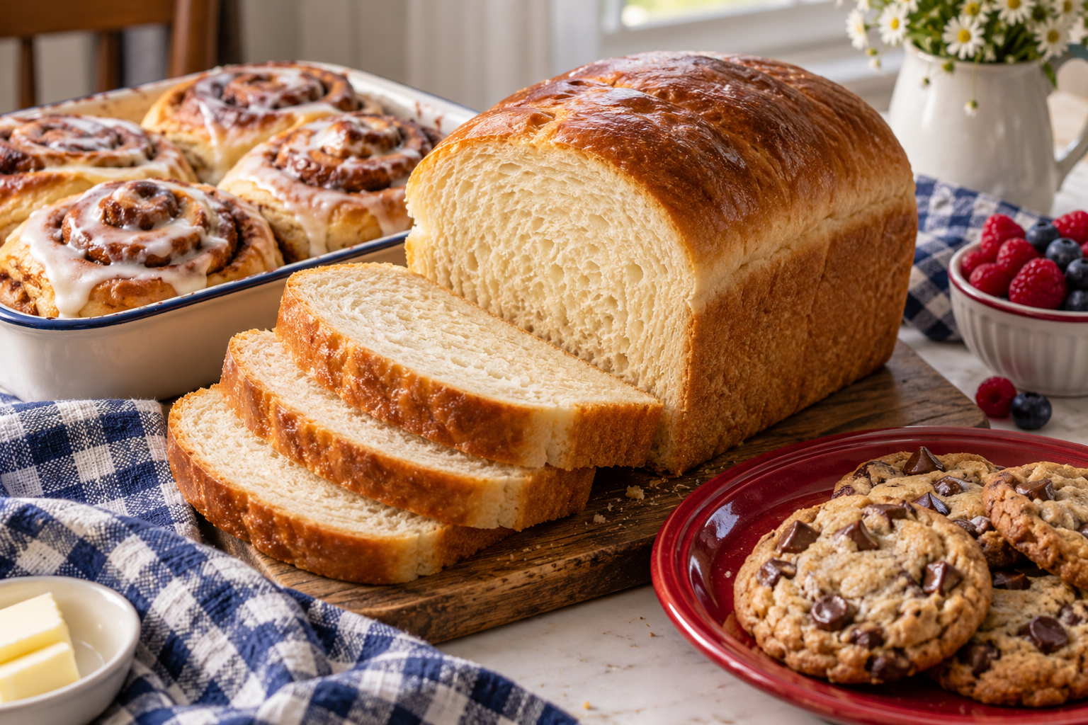 Bakery-inspired arrangement of soft bread, cinnamon rolls and cookies on gingham